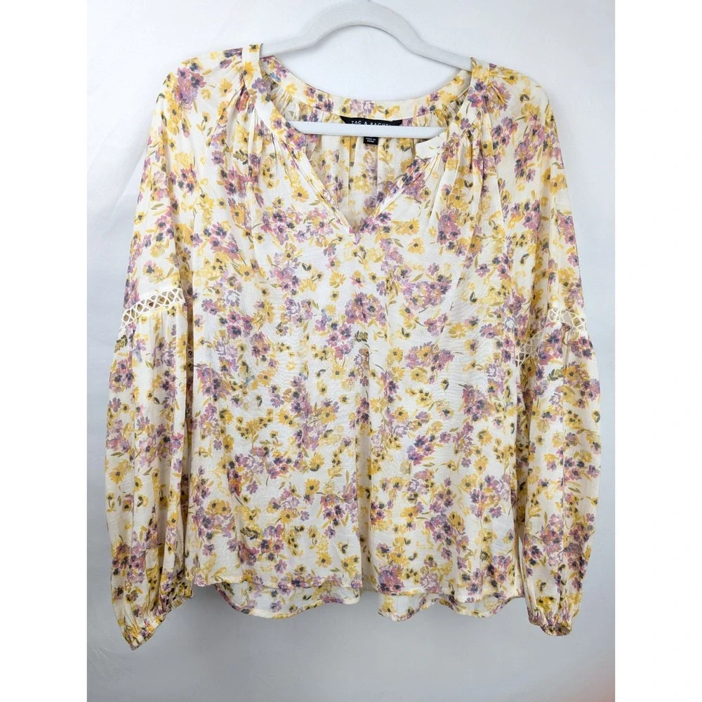 Floral Crochet Lace Balloon Long Sleeve Peasant Top Size M‎ Cottagecore Romantic